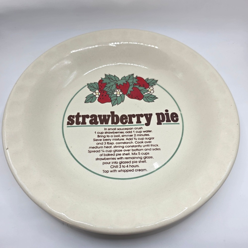 Vintage Strawberry Pie Recipe Ceramic Plate 10 Inch Round Stoneware Dish White